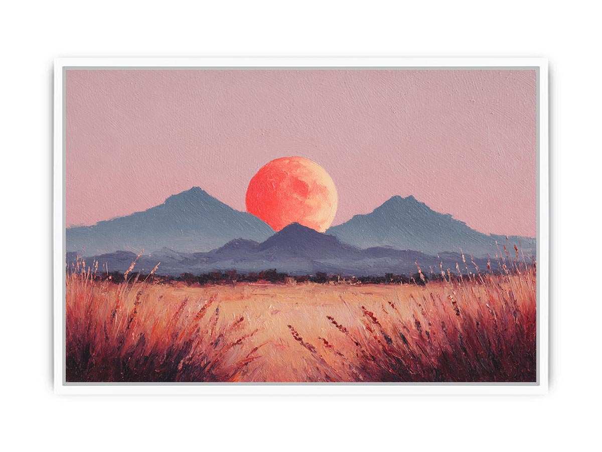 Coral moon mountain canvas art with warm desert grasses for modern bedroom decor.