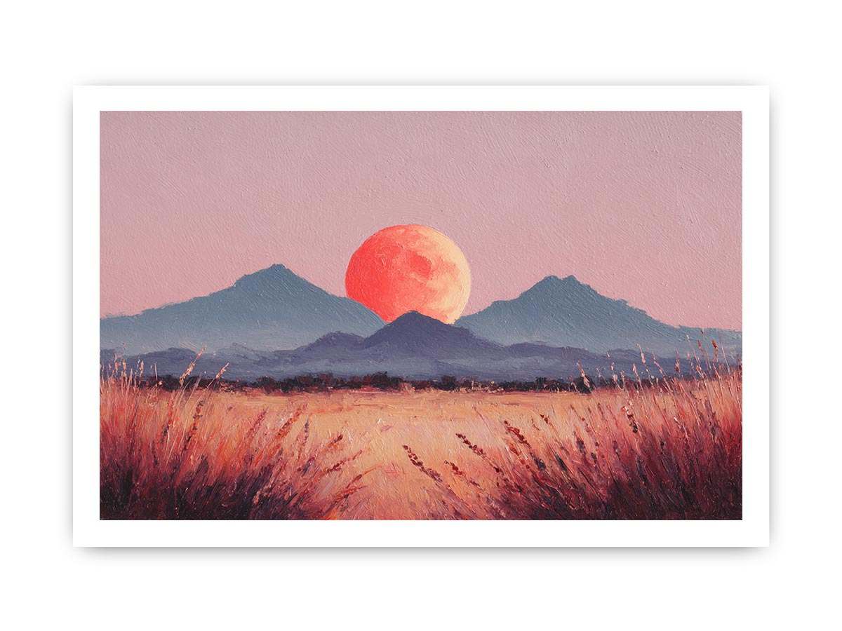 Coral moon mountain canvas art with warm desert grasses for modern bedroom decor.