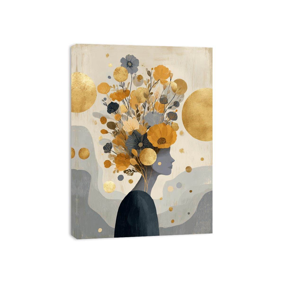Modern floral silhouette canvas art with gold accents for elegant hallway or bedroom decor.