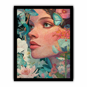 Floral woman portrait canvas art with butterflies for colourful bedroom or creative studio decor.