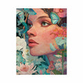 Floral woman portrait canvas art with butterflies for colourful bedroom or creative studio decor.