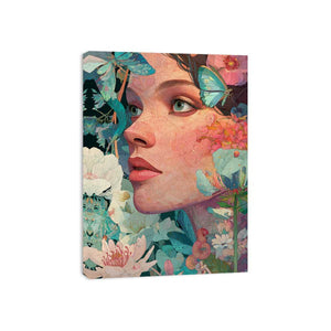 Floral woman portrait canvas art with butterflies for colourful bedroom or creative studio decor.