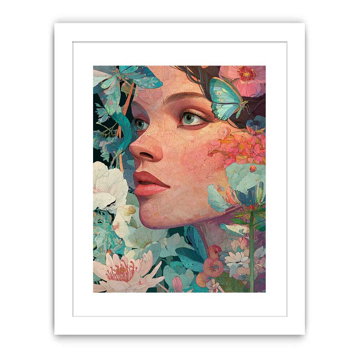 Floral woman portrait canvas art with butterflies for colourful bedroom or creative studio decor.