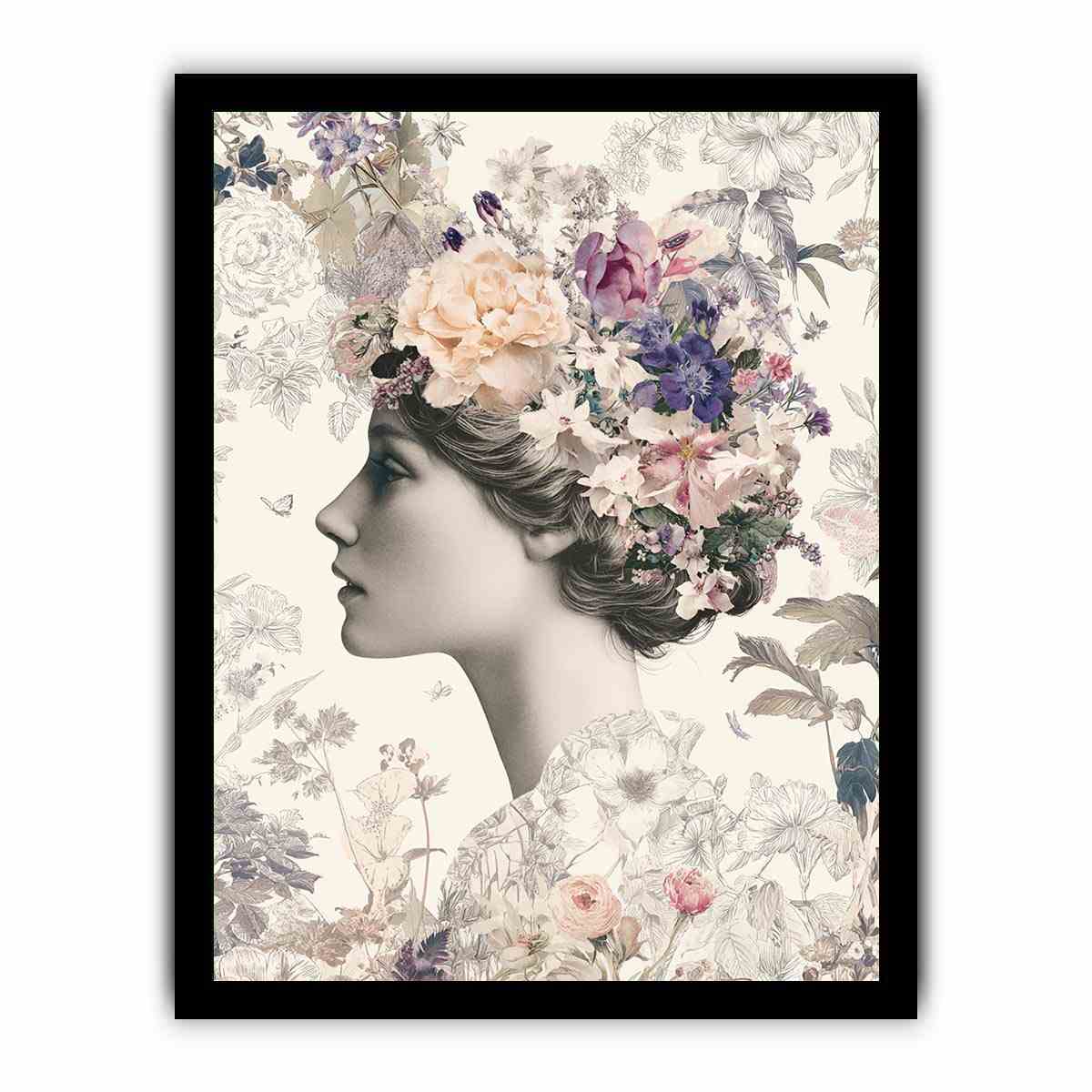 Vintage floral woman portrait canvas art for romantic bedroom and hallway decor.