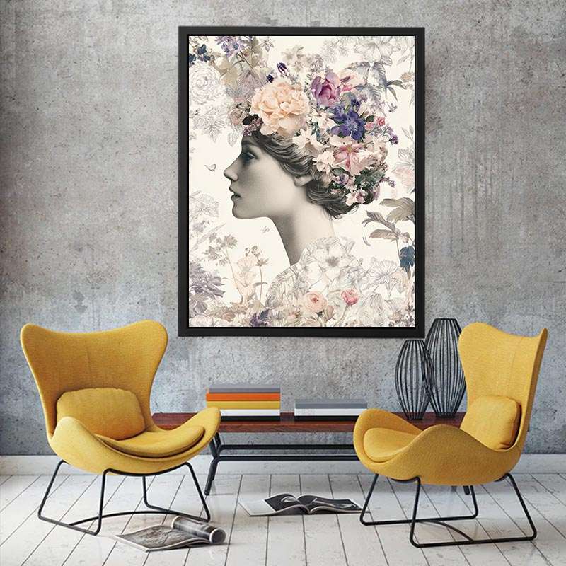 Vintage floral woman portrait canvas art for romantic bedroom and hallway decor.