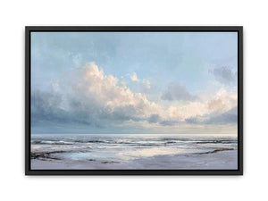 Soft coastal ocean canvas art with pale clouds for calm living room or bedroom decor.