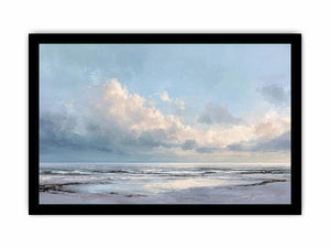Soft coastal ocean canvas art with pale clouds for calm living room or bedroom decor.