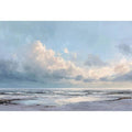 Soft coastal ocean canvas art with pale clouds for calm living room or bedroom decor.