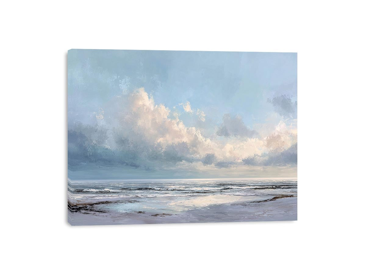 Soft coastal ocean canvas art with pale clouds for calm living room or bedroom decor.