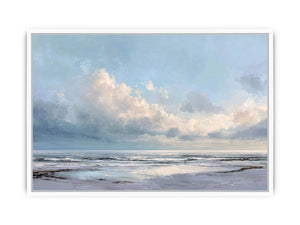 Soft coastal ocean canvas art with pale clouds for calm living room or bedroom decor.