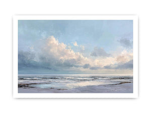 Soft coastal ocean canvas art with pale clouds for calm living room or bedroom decor.