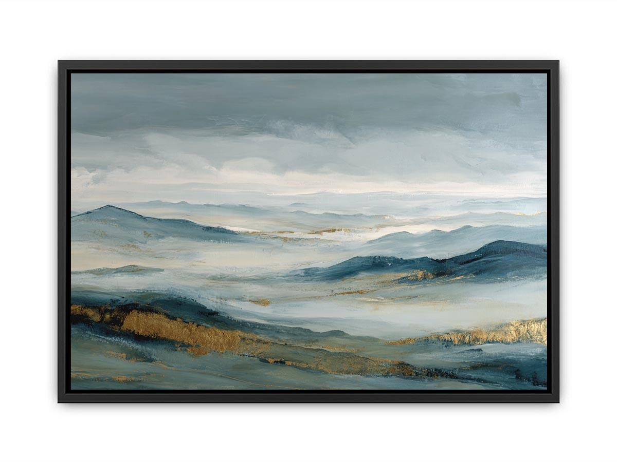 Abstract blue mountain canvas art with misty valley and gold accents for luxury living room decor.