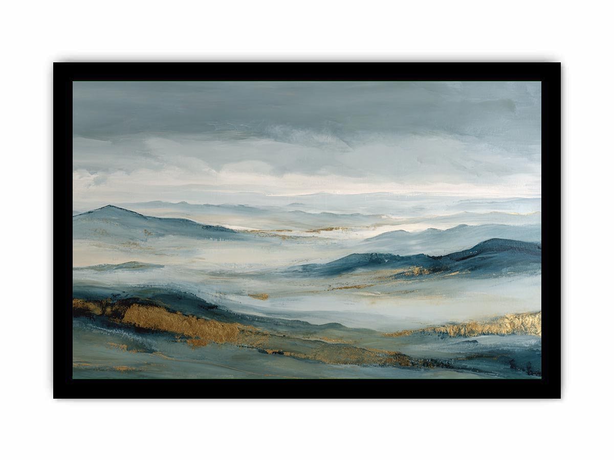 Abstract blue mountain canvas art with misty valley and gold accents for luxury living room decor.