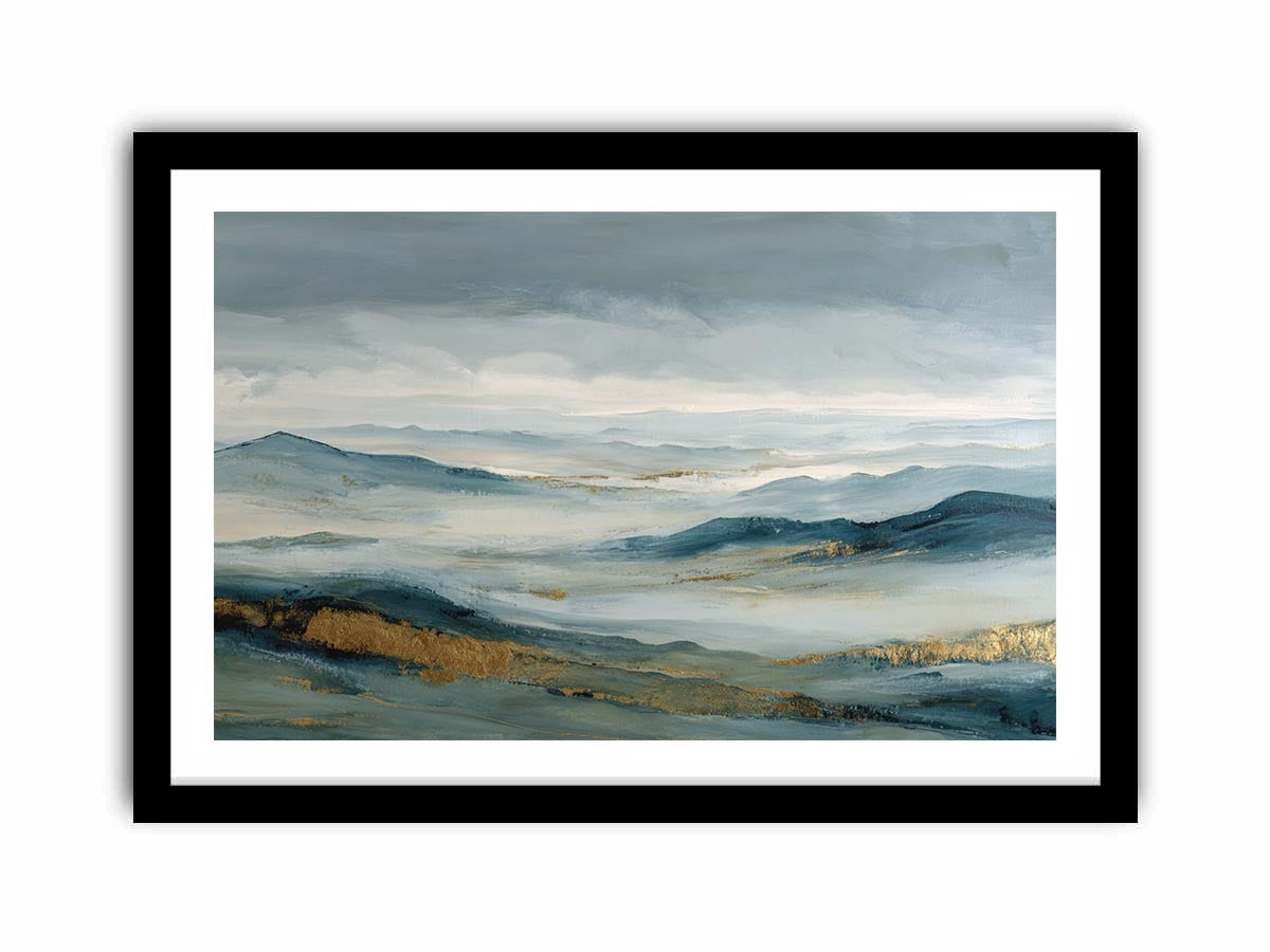 Abstract blue mountain canvas art with misty valley and gold accents for luxury living room decor.