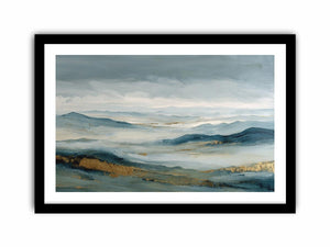 Abstract blue mountain canvas art with misty valley and gold accents for luxury living room decor.