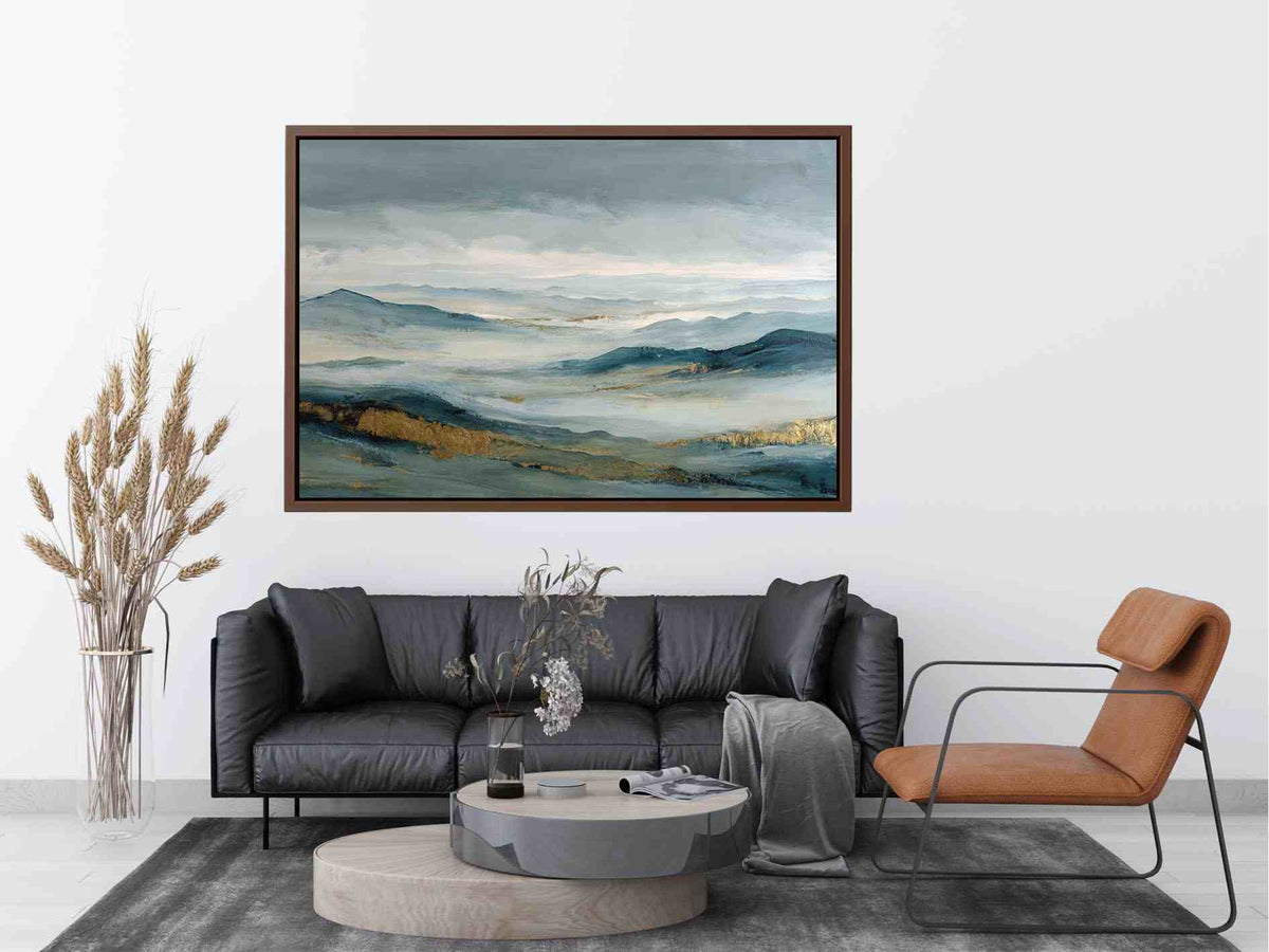 Abstract blue mountain canvas art with misty valley and gold accents for luxury living room decor.