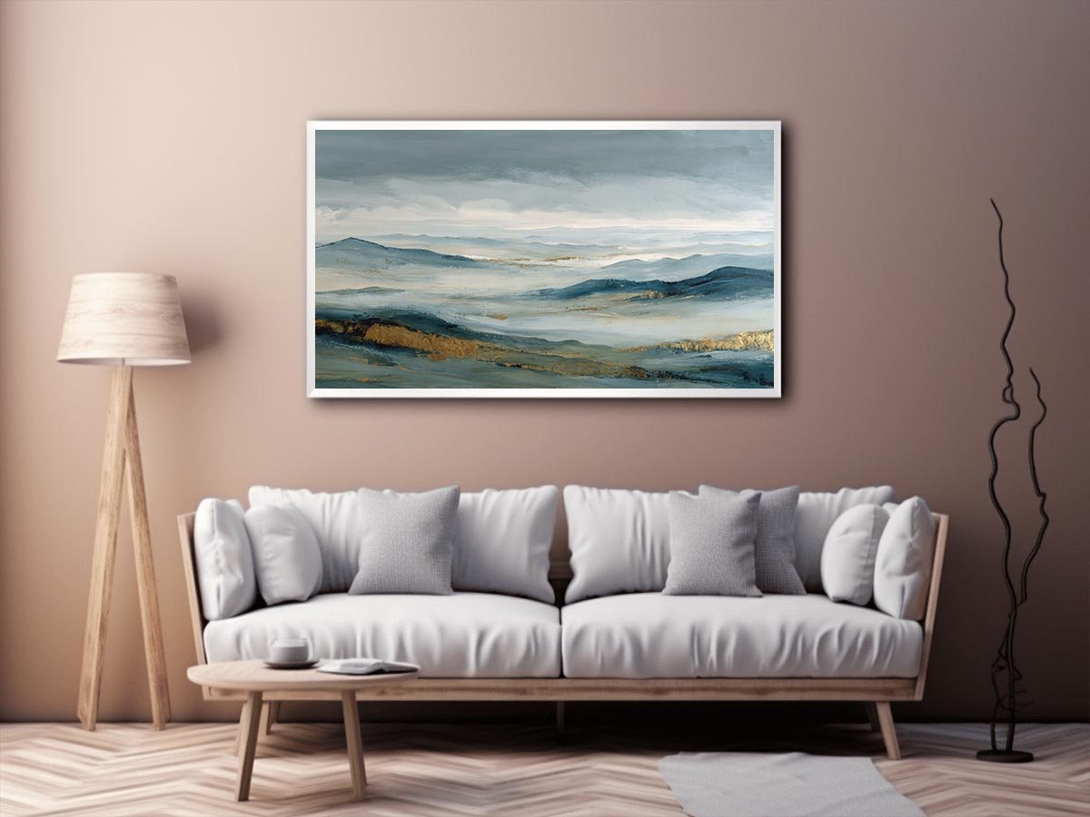 Abstract blue mountain canvas art with misty valley and gold accents for luxury living room decor.