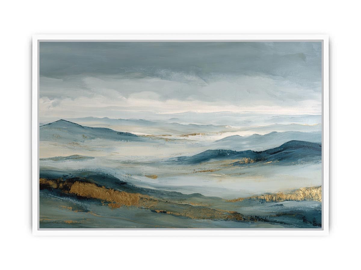 Abstract blue mountain canvas art with misty valley and gold accents for luxury living room decor.