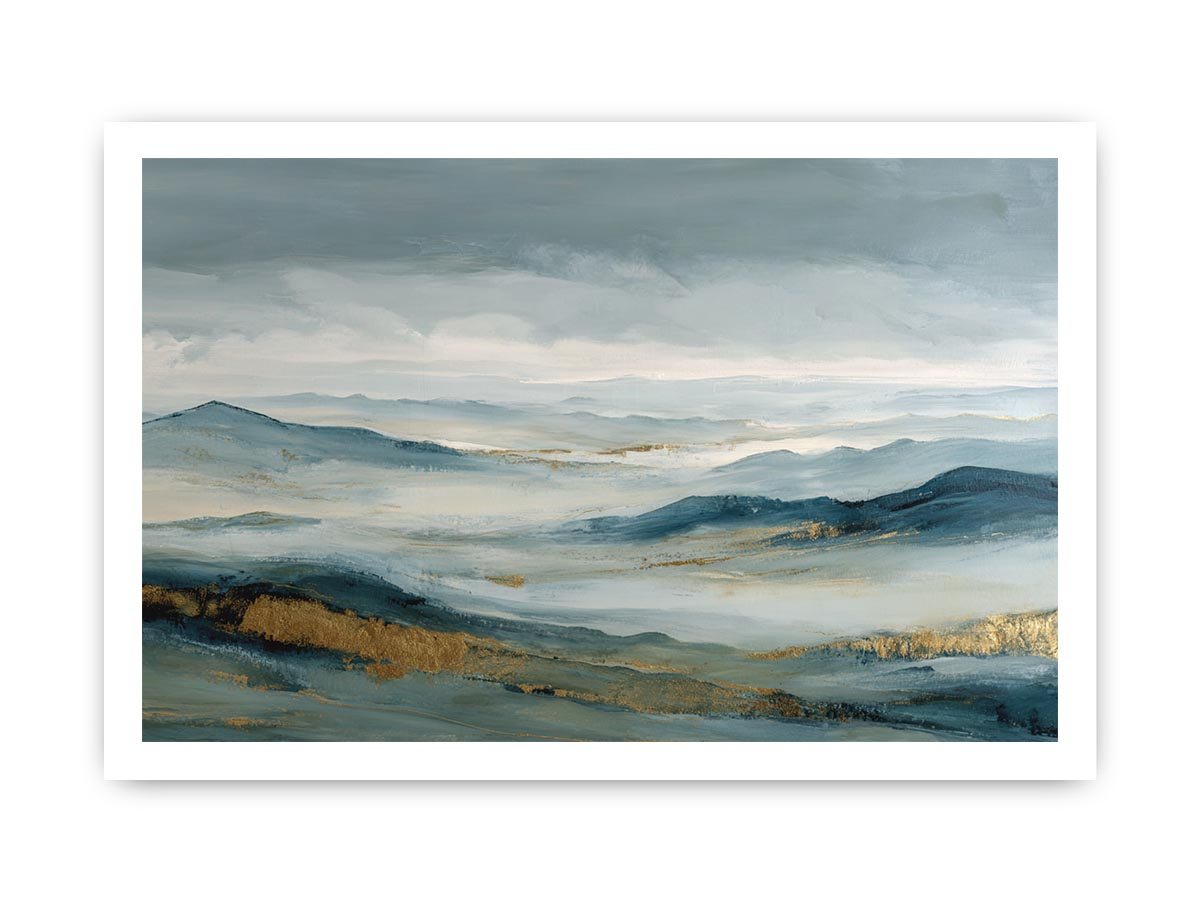 Abstract blue mountain canvas art with misty valley and gold accents for luxury living room decor.