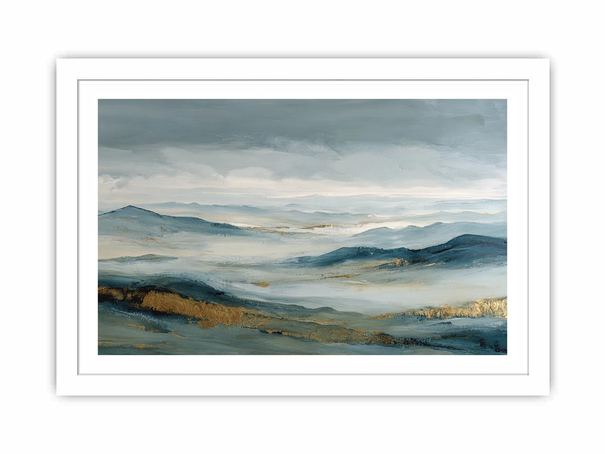 Abstract blue mountain canvas art with misty valley and gold accents for luxury living room decor.