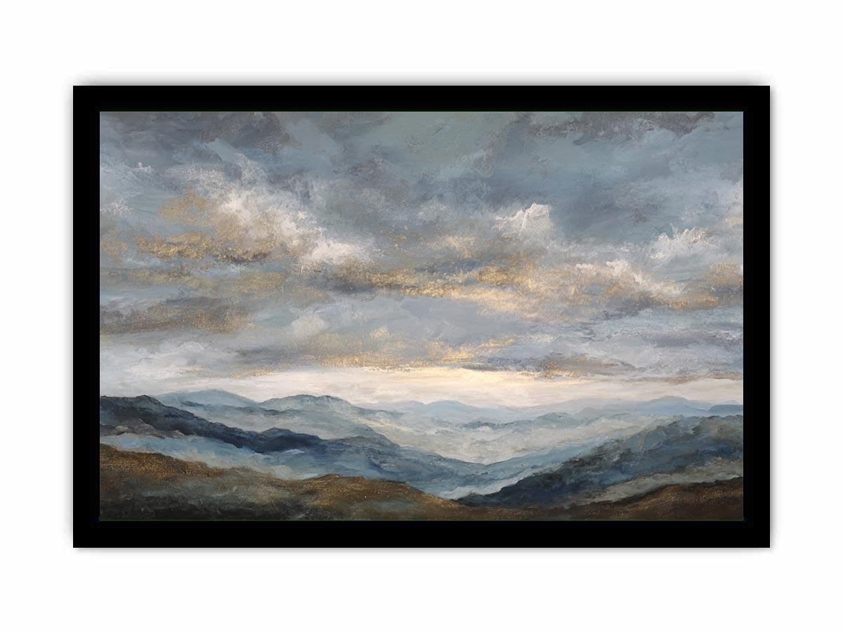 Moody blue mountain landscape canvas art for a modern living room.