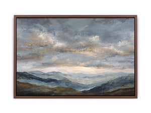 Moody blue mountain landscape canvas art for a modern living room.