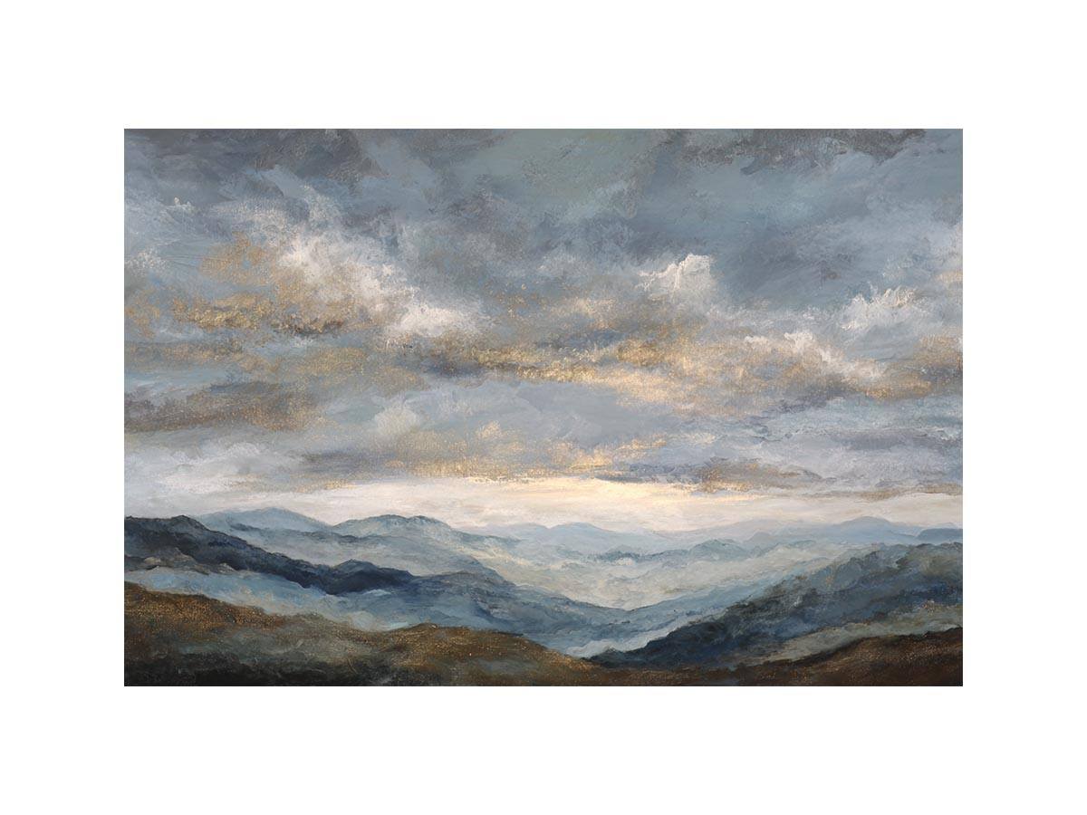 Moody blue mountain landscape canvas art for a modern living room.