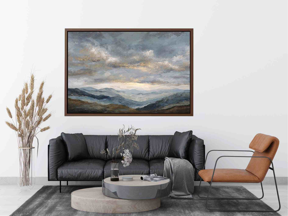 Moody blue mountain landscape canvas art for a modern living room.