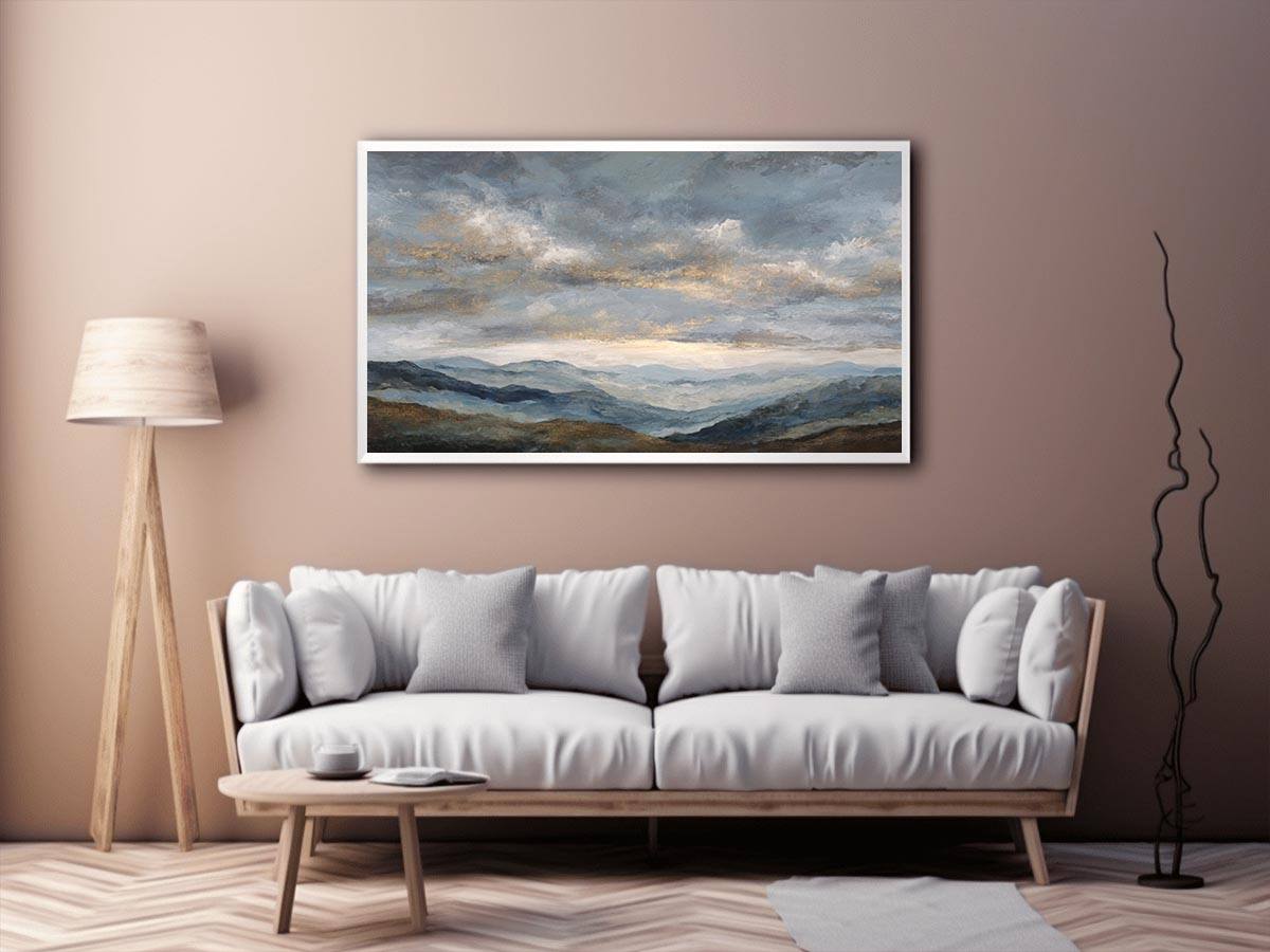 Moody blue mountain landscape canvas art for a modern living room.