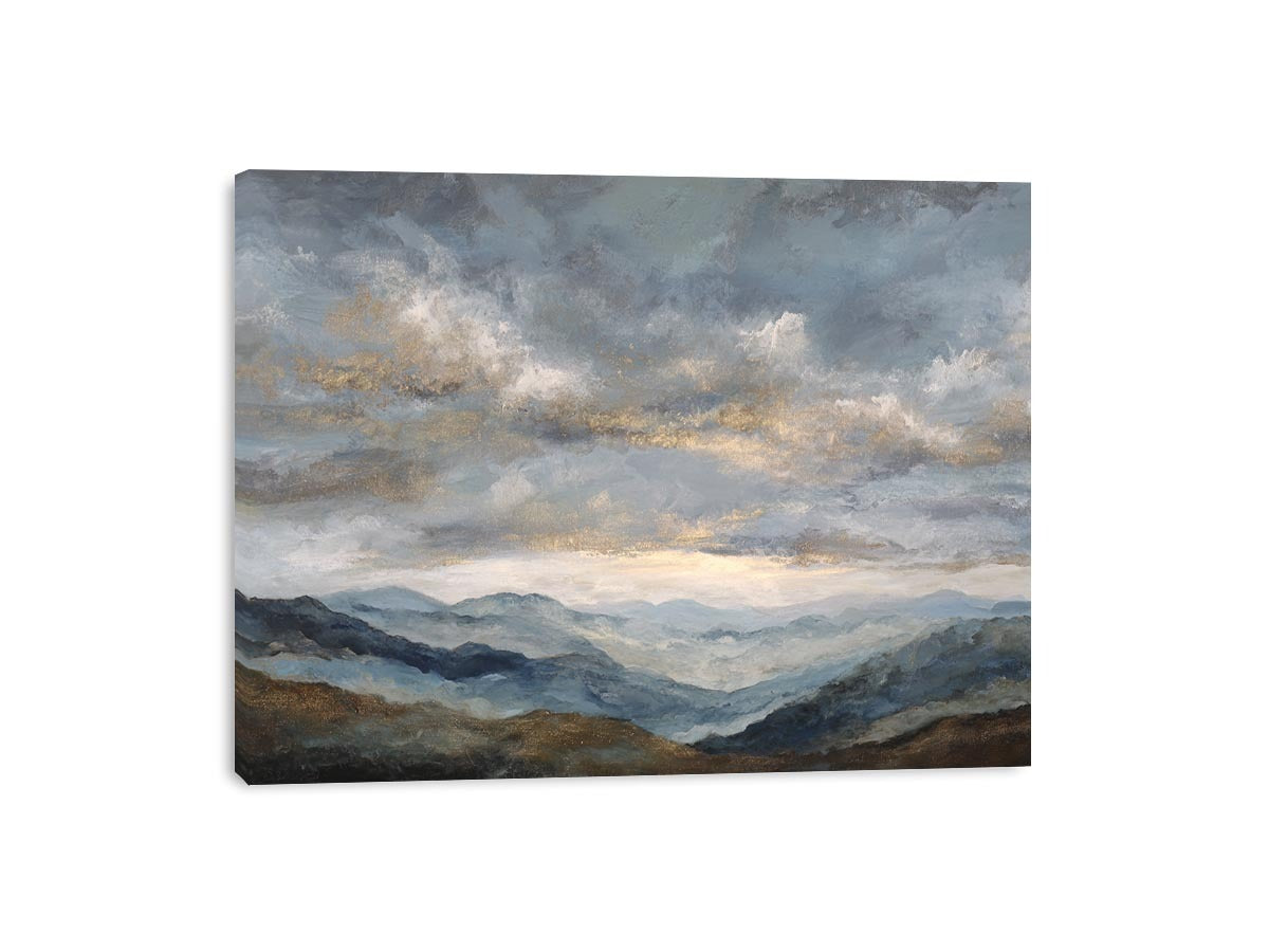 Moody blue mountain landscape canvas art for a modern living room.