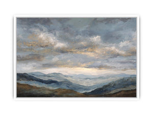Moody blue mountain landscape canvas art for a modern living room.