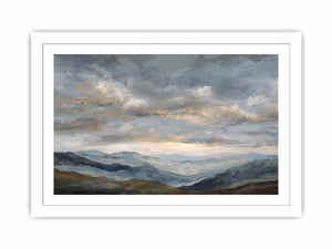 Moody blue mountain landscape canvas art for a modern living room.