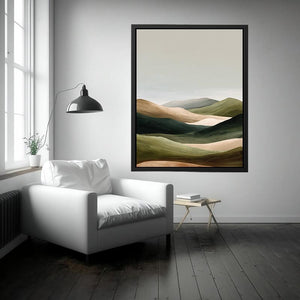 Minimal green rolling hills canvas art for peaceful bedroom decor.