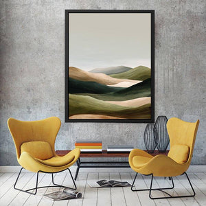 Minimal green rolling hills canvas art for peaceful bedroom decor.