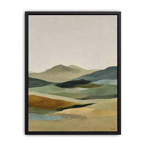 Soft abstract highland landscape canvas art for calm bedroom styling.