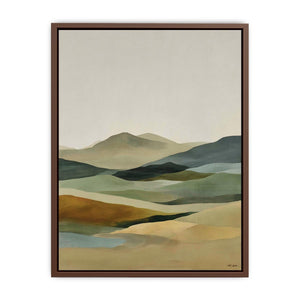 Soft abstract highland landscape canvas art for calm bedroom styling.