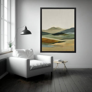 Soft abstract highland landscape canvas art for calm bedroom styling.