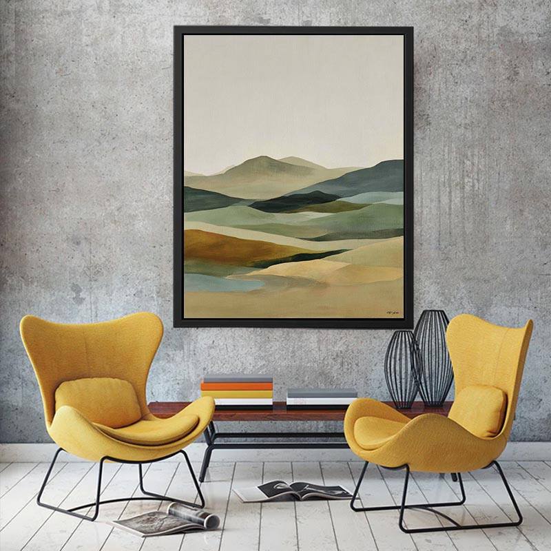 Soft abstract highland landscape canvas art for calm bedroom styling.