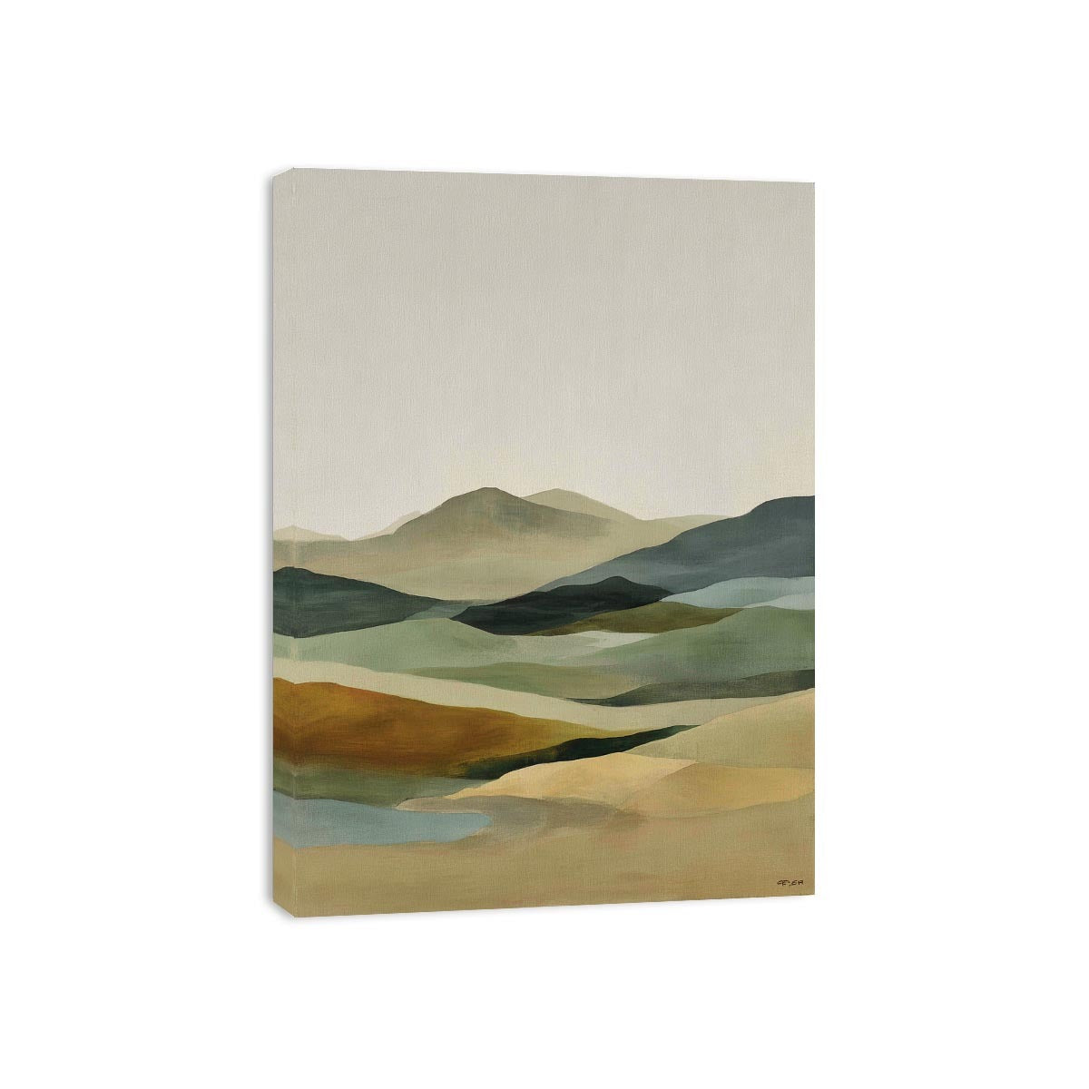 Soft abstract highland landscape canvas art for calm bedroom styling.