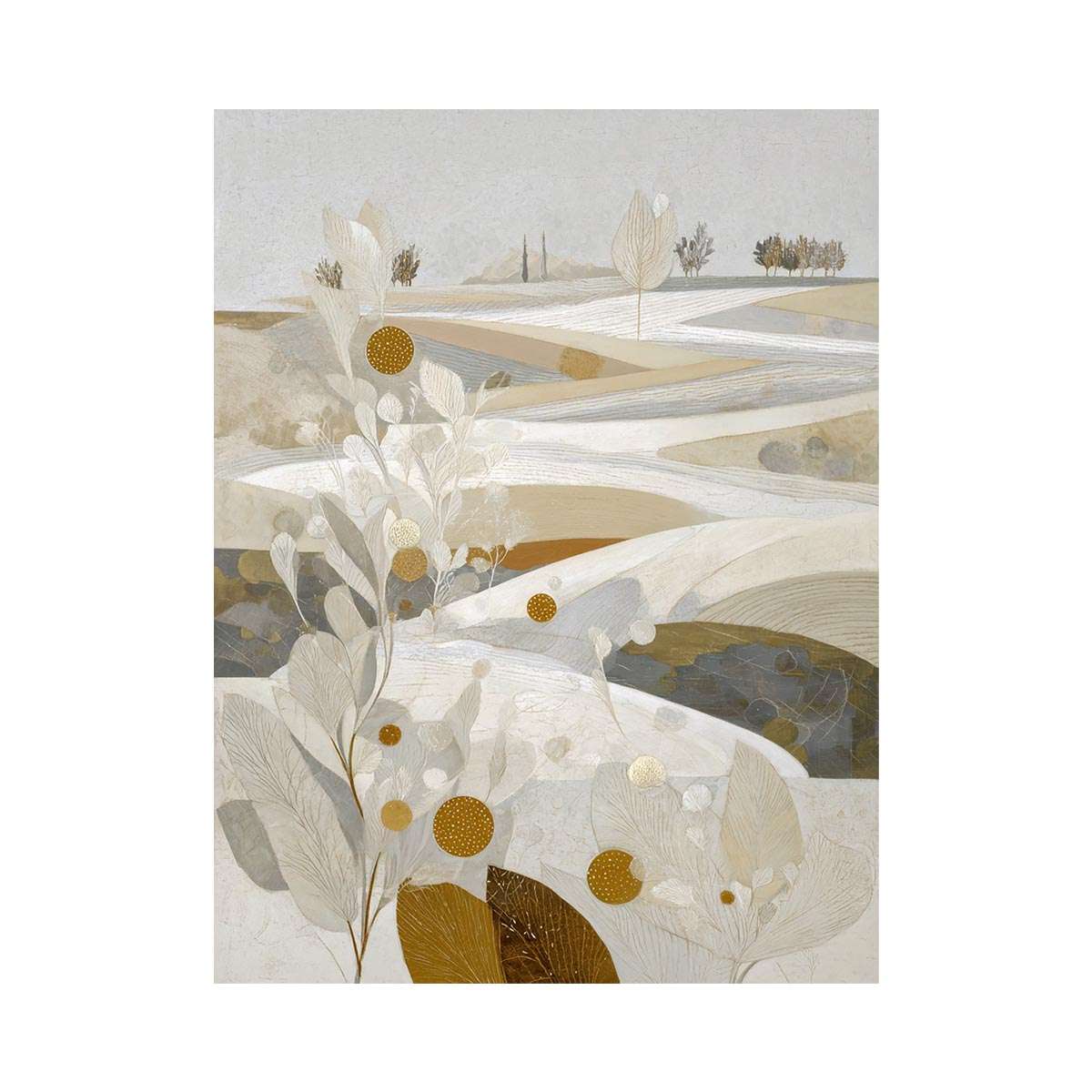 Elegant white botanical landscape canvas art for neutral bedroom decor.