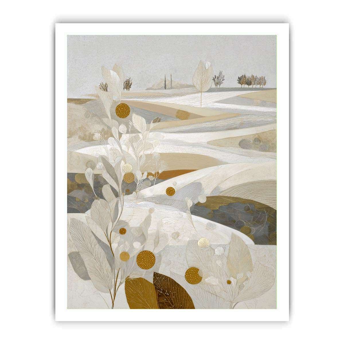 Elegant white botanical landscape canvas art for neutral bedroom decor.