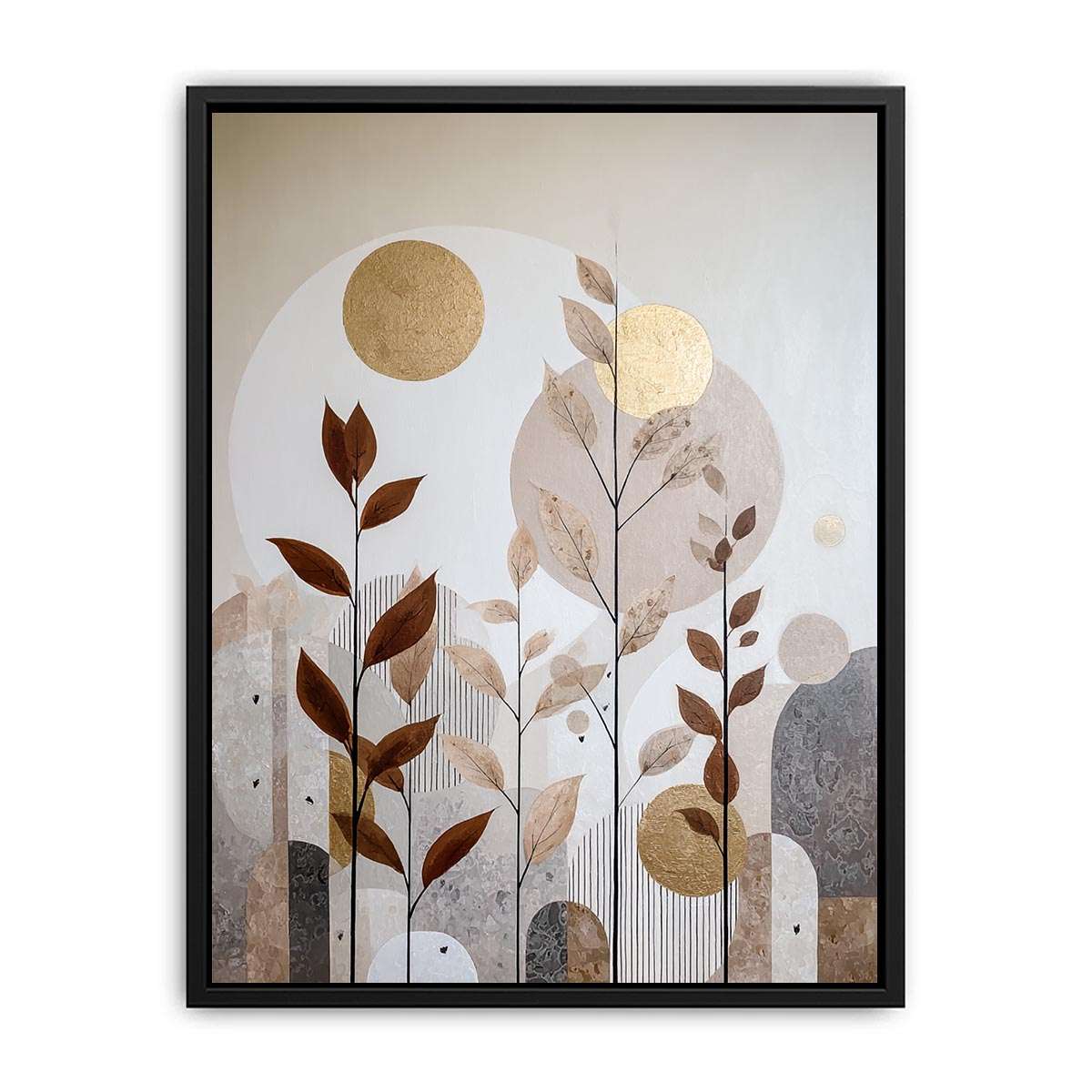 Warm botanical abstract canvas art with gold accents for modern living room decor.