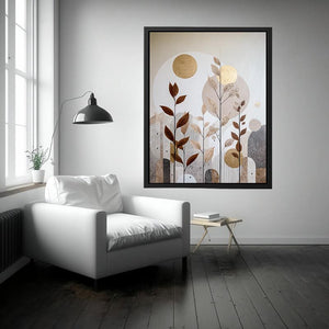 Warm botanical abstract canvas art with gold accents for modern living room decor.