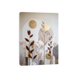 Warm botanical abstract canvas art with gold accents for modern living room decor.