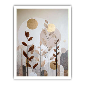 Warm botanical abstract canvas art with gold accents for modern living room decor.