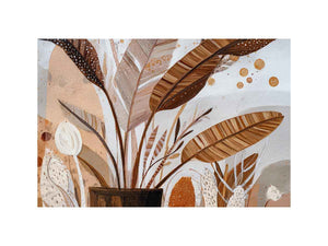 Earthy tropical leaves canvas art for warm boho living room decor.