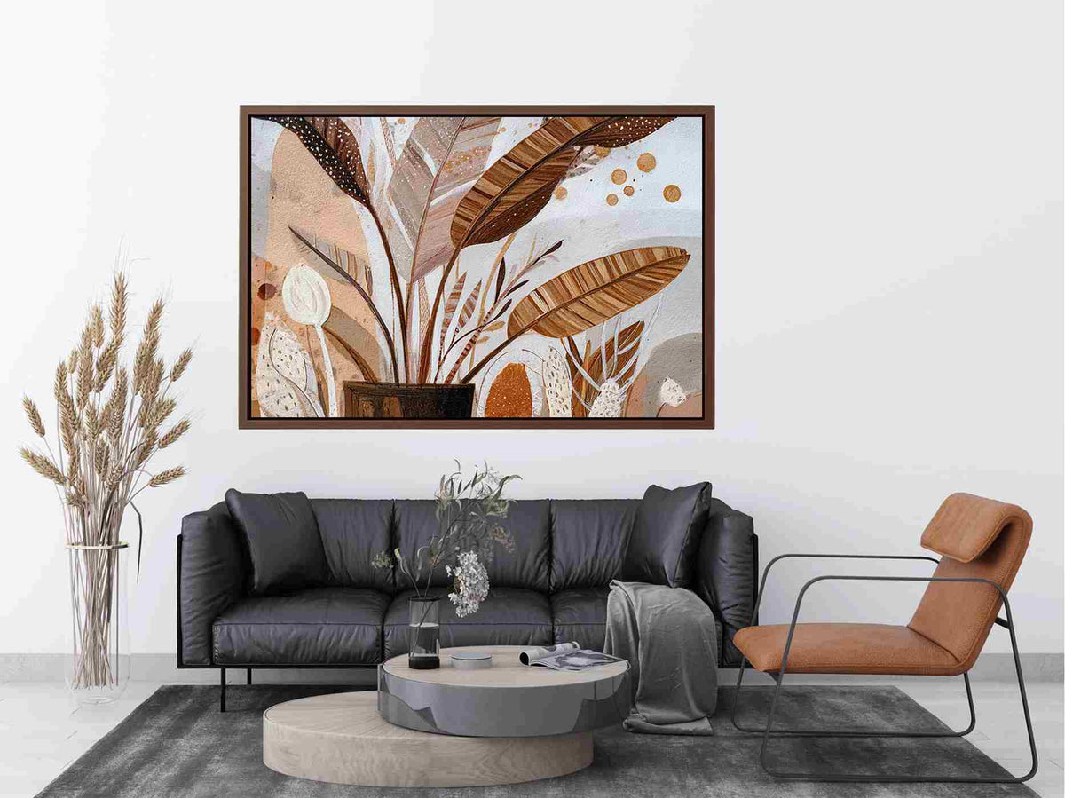 Earthy tropical leaves canvas art for warm boho living room decor.
