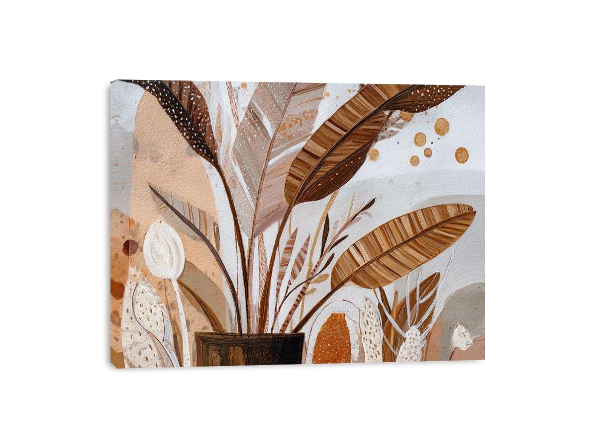Earthy tropical leaves canvas art for warm boho living room decor.