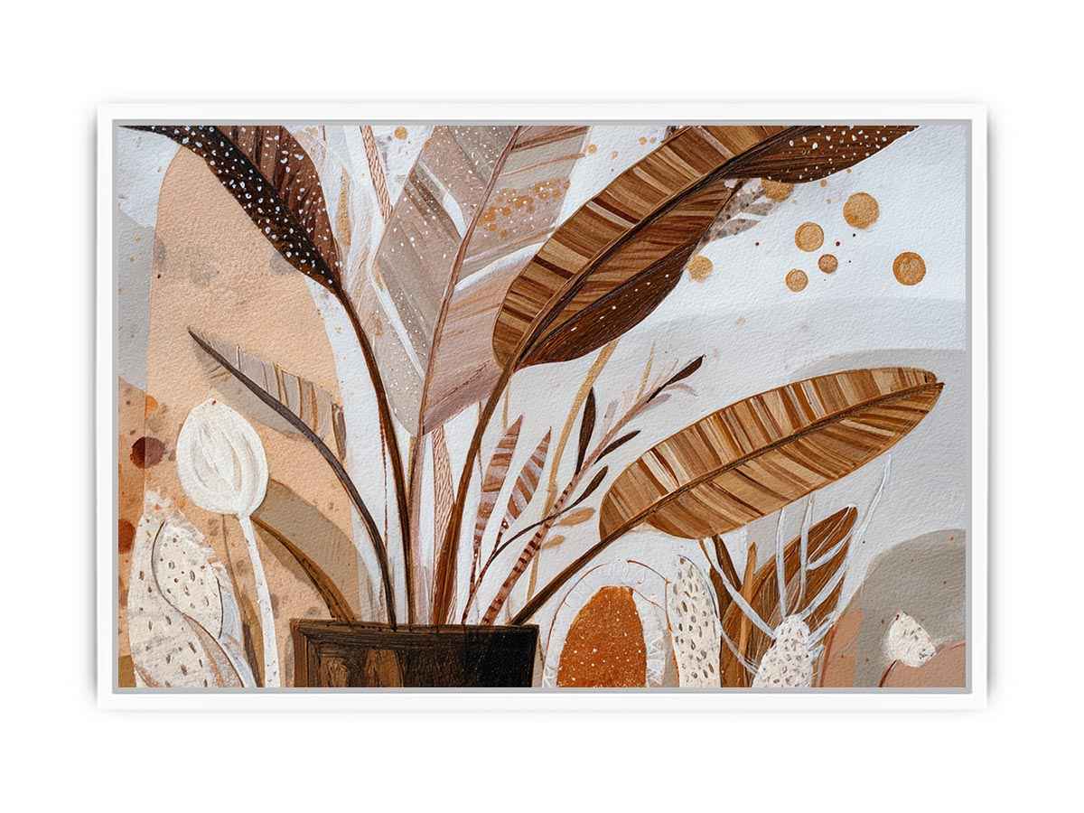 Earthy tropical leaves canvas art for warm boho living room decor.