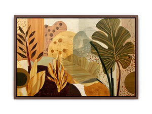 Warm tropical leaf canvas art for earthy living room decor.